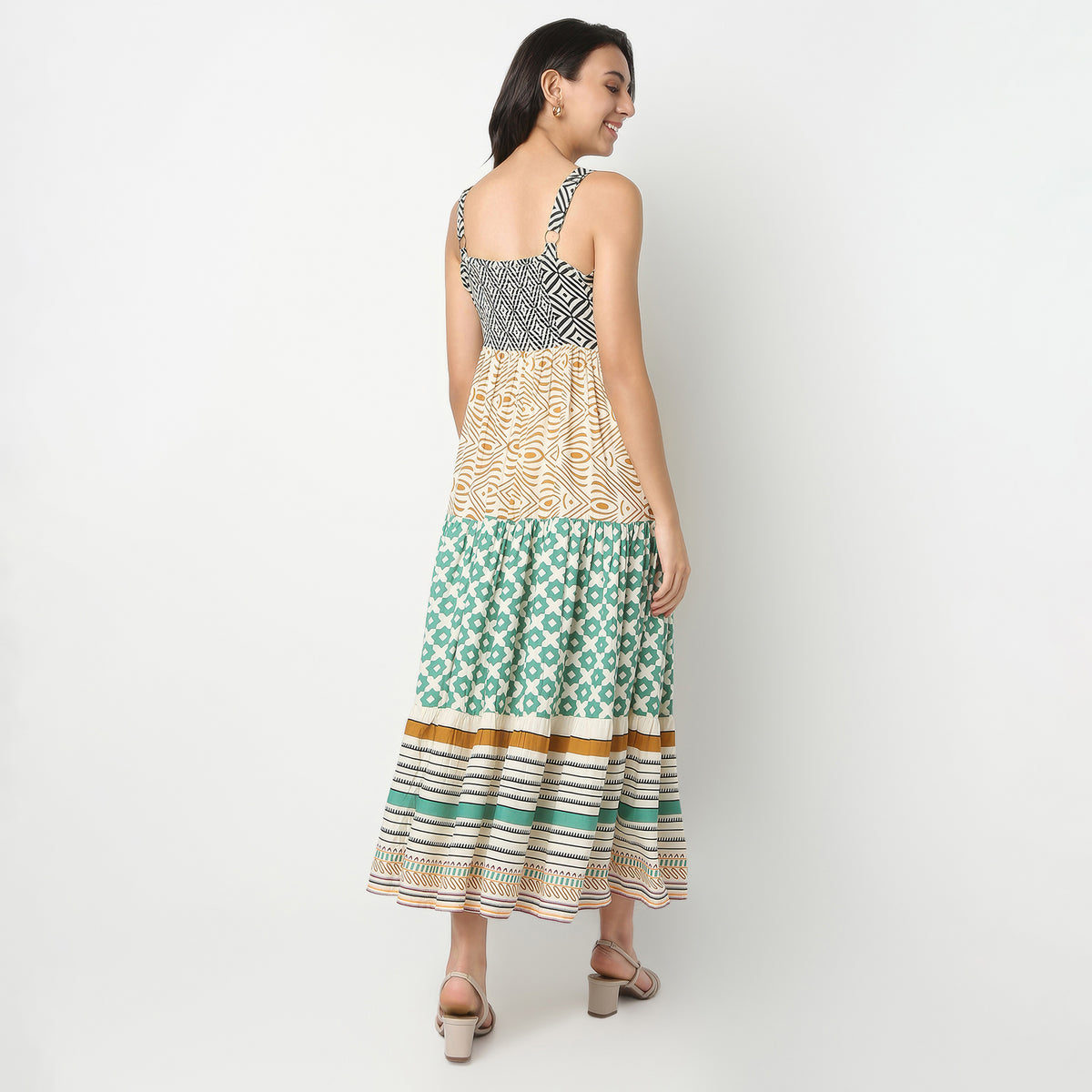 Printed Calf Length Square Neck Flared Sleeveless Dress