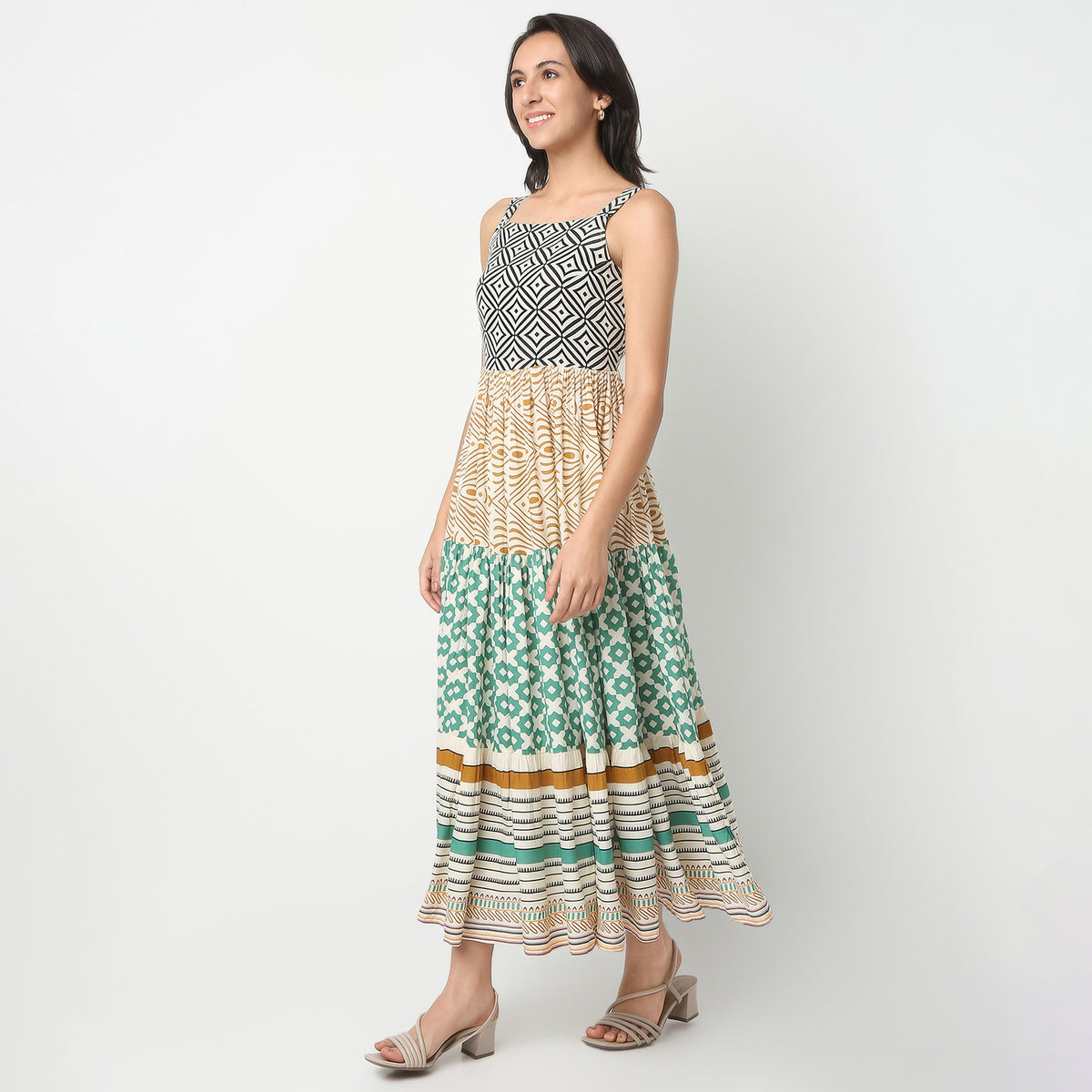 Printed Calf Length Square Neck Flared Sleeveless Dress