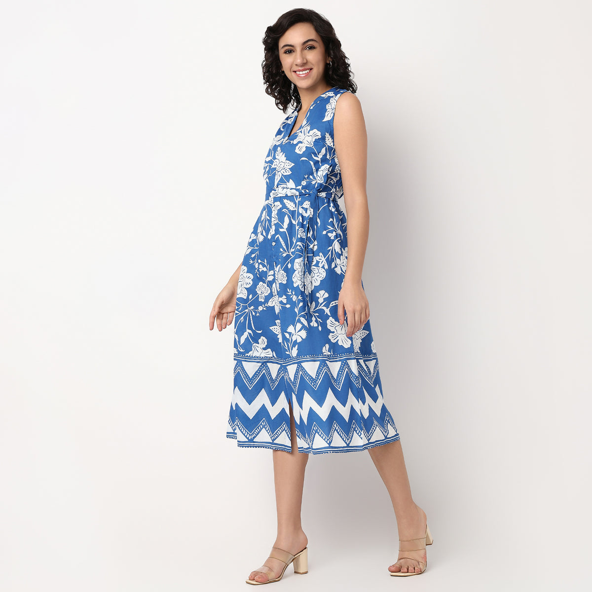 Floral Print Band Neck Flared Dress With Waist Tie-Up Detail