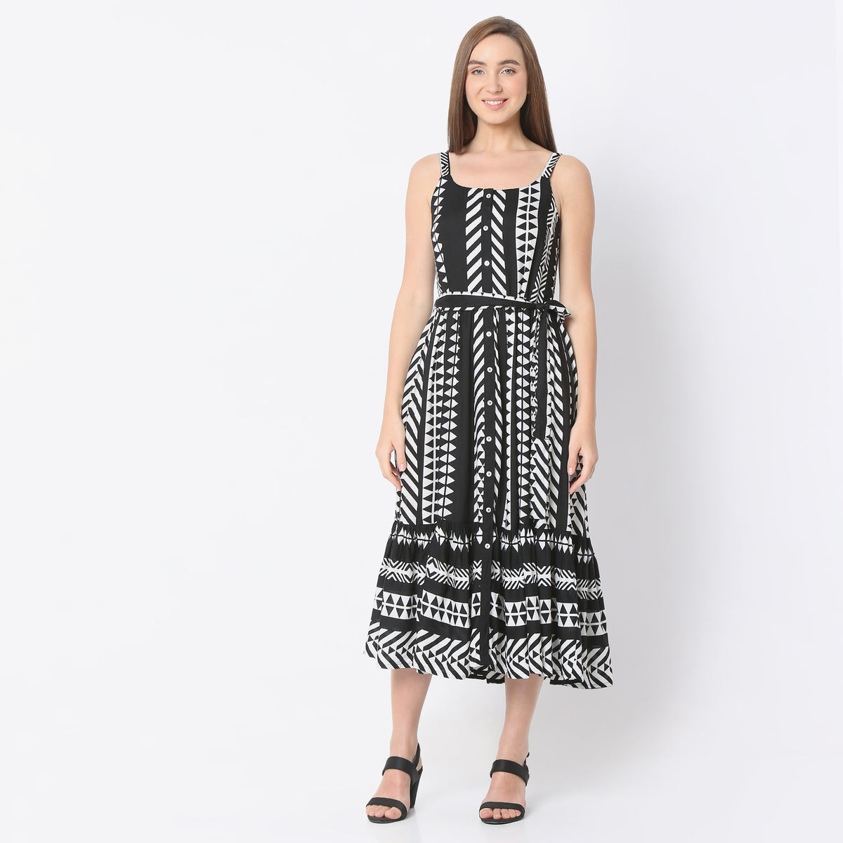 Flare Fit Printed Round Neck Below Knee Dress