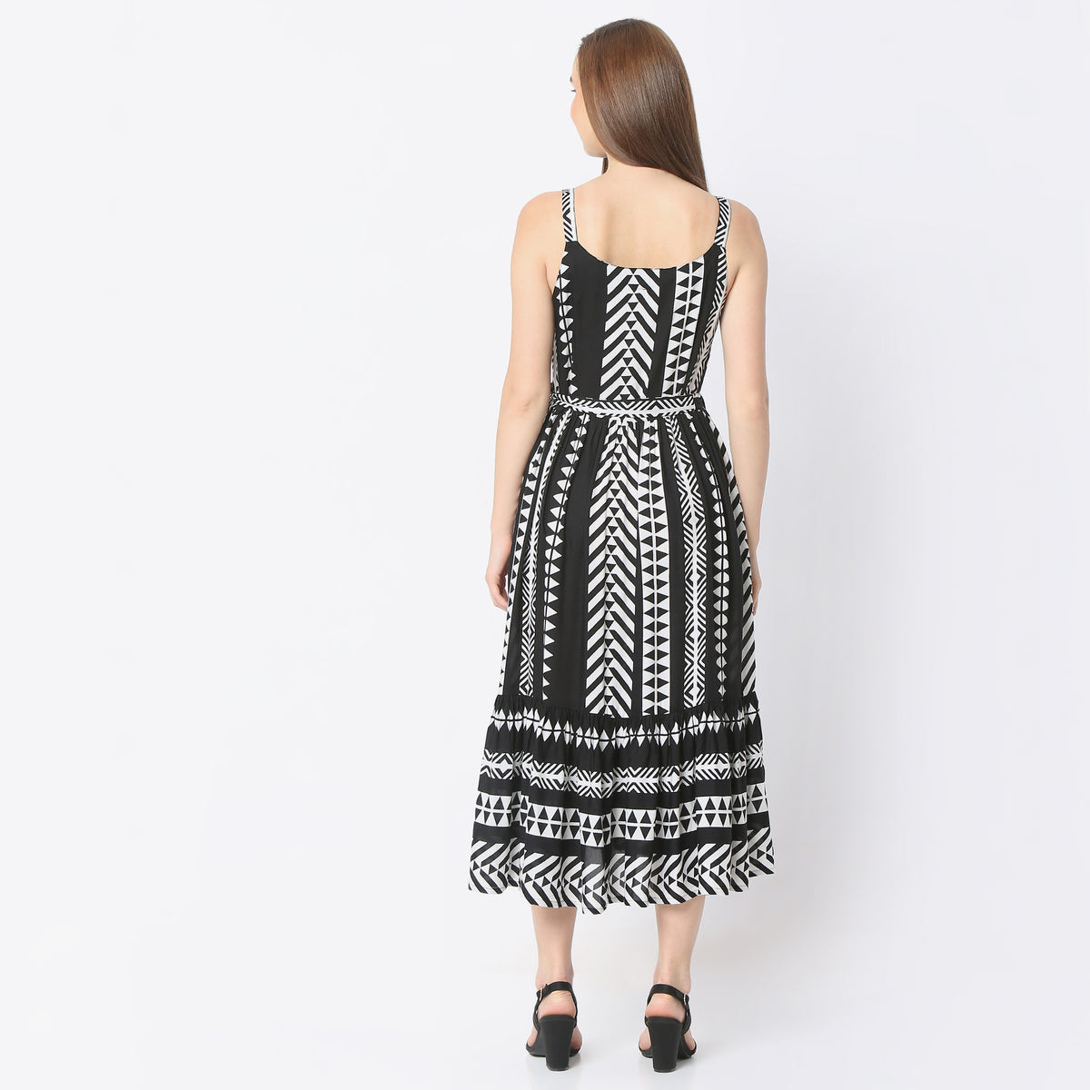 Flare Fit Printed Round Neck Below Knee Dress