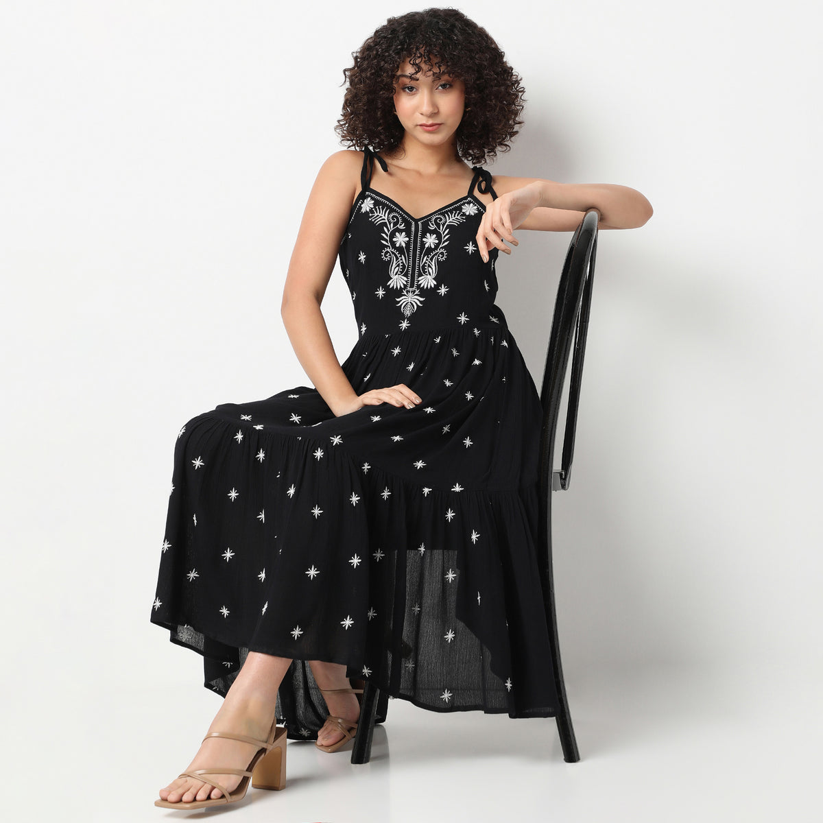 Flare Fit Embroiderd V-Neck Below Knee Dress