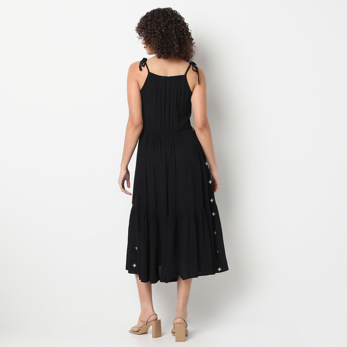 Flare Fit Embroiderd V-Neck Below Knee Dress