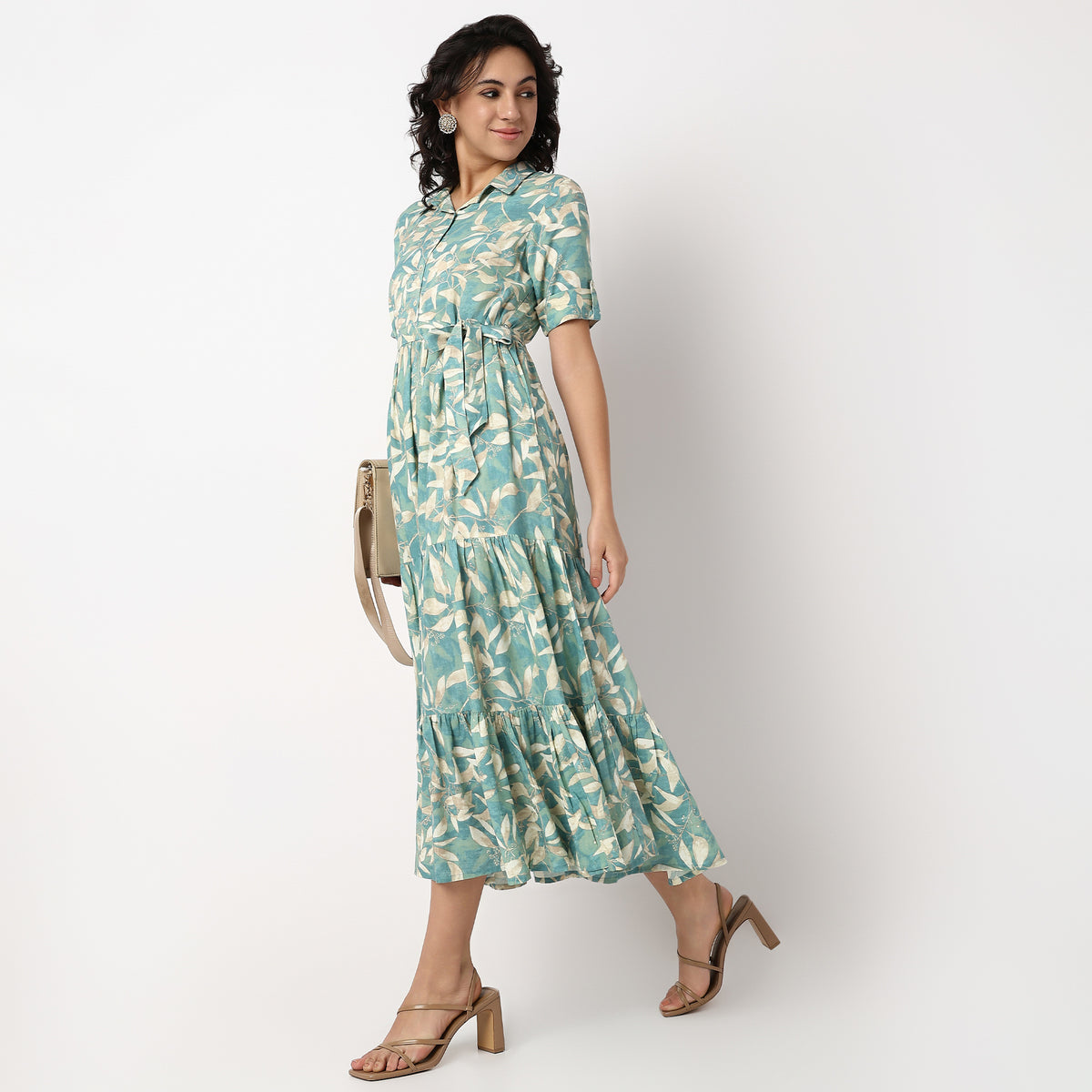 Camp Collar Flared Printed Tiered Dress