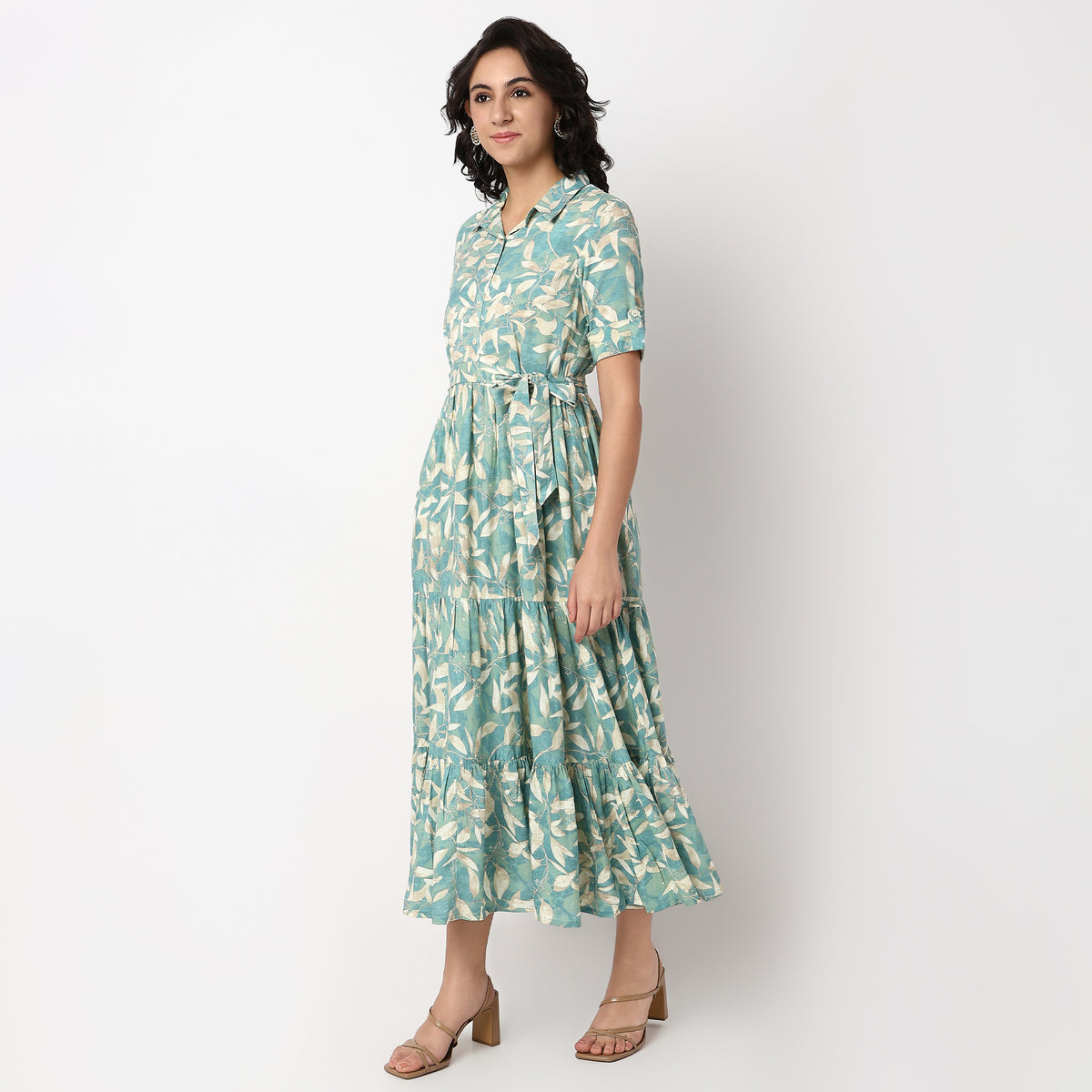 Camp Collar Flared Printed Tiered Dress