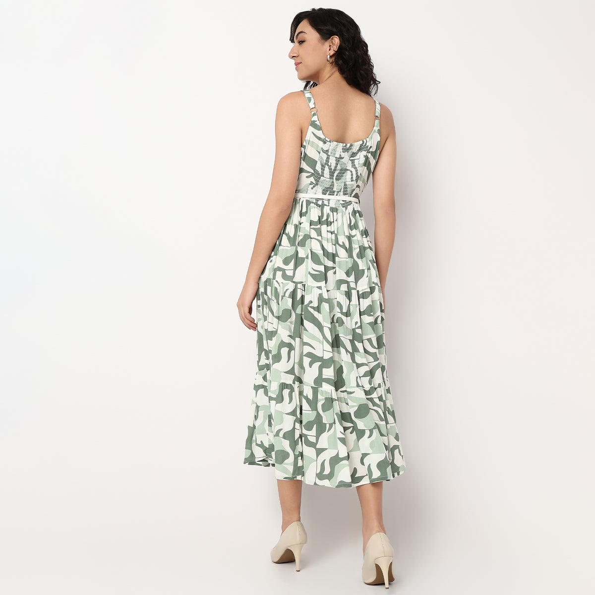 Printed Scoop Neck Flared Strappy Tiered Dress