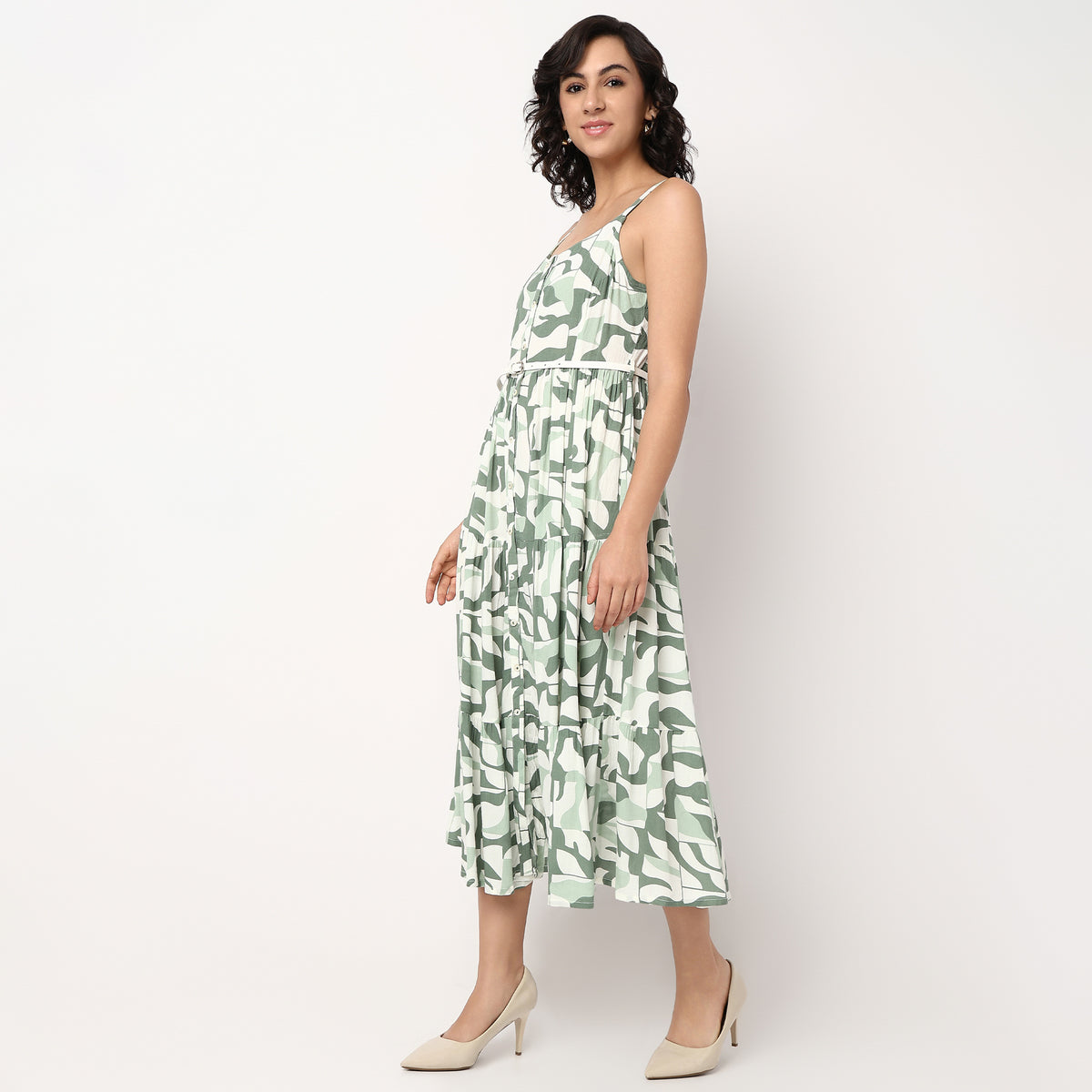 Printed Scoop Neck Flared Strappy Tiered Dress