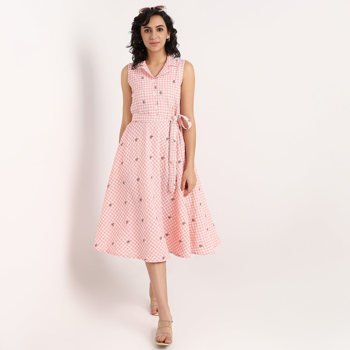 Printed Lapel Collar Flared Sleeveless Dress With Waist Tie-Up Detail