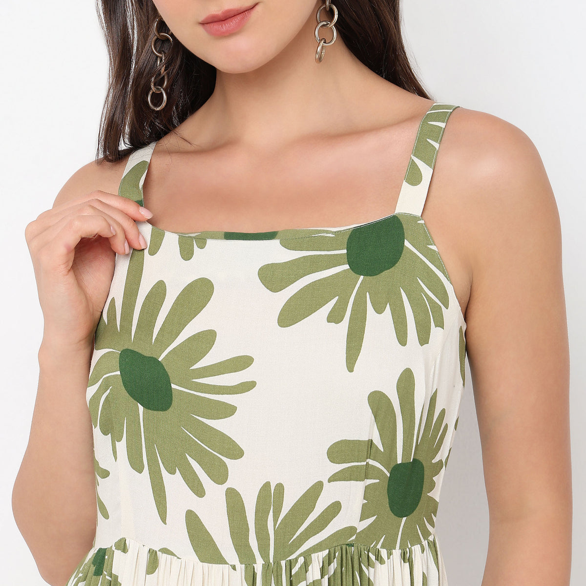 Abstract Square Neck Sleeveless Tiered Dress