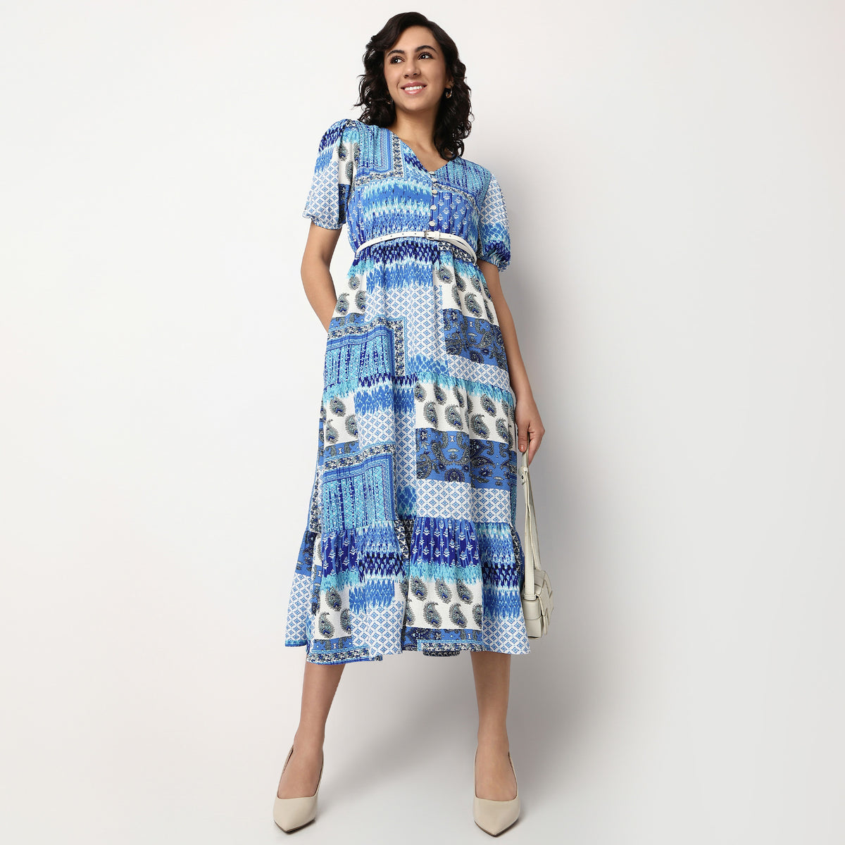 V-Neck Flared Tiered Dress With Belt