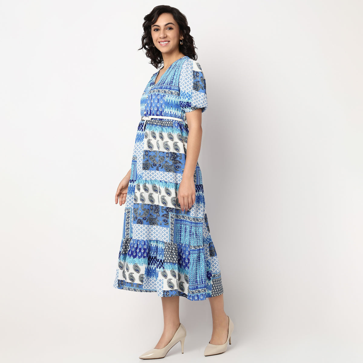 V-Neck Flared Tiered Dress With Belt