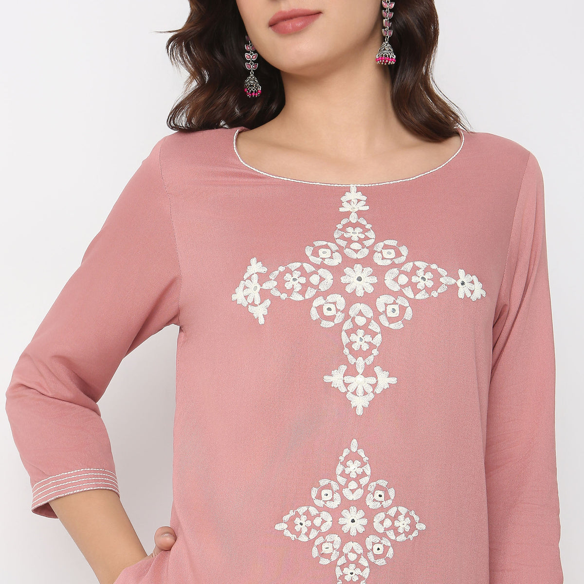 Straight Fit Embroidered Below Knee Boat Neck Table Kurta