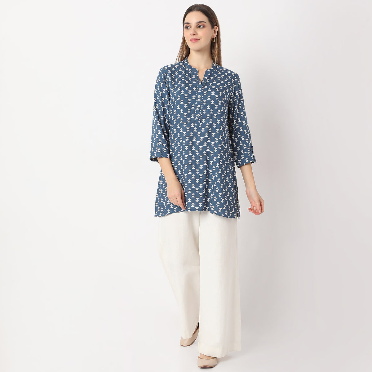 Straight Fit Printed Short Length Band Collar Short Kurta