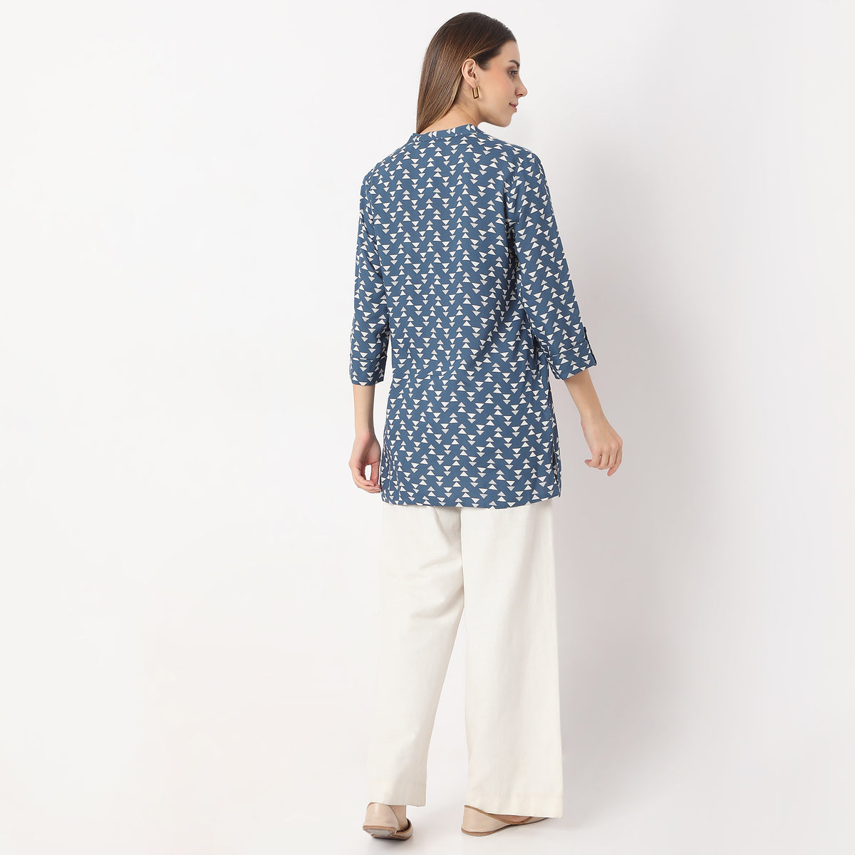 Straight Fit Printed Short Length Band Collar Short Kurta