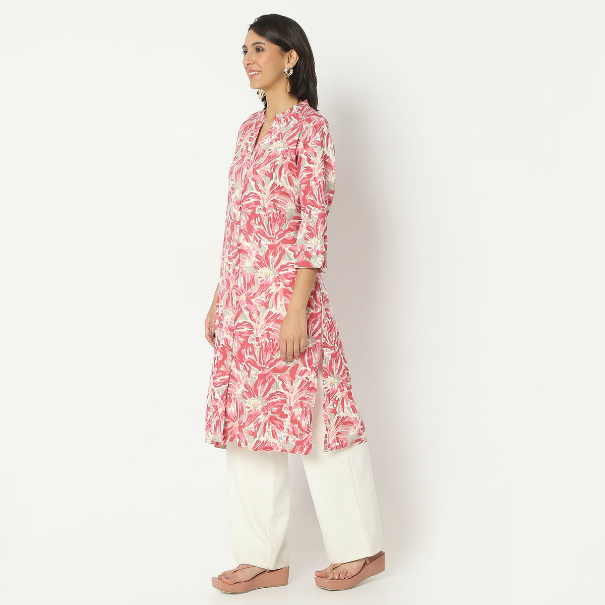 Straight Fit Printed Band Collar Calf Length Kurta