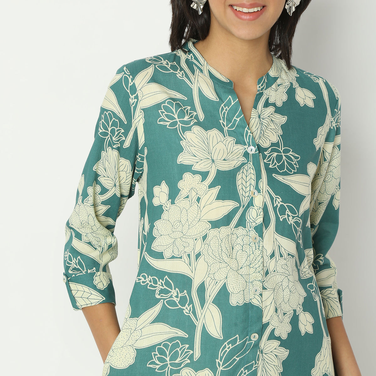 Straight Fit Printed Band Collar Calf Length Kurta