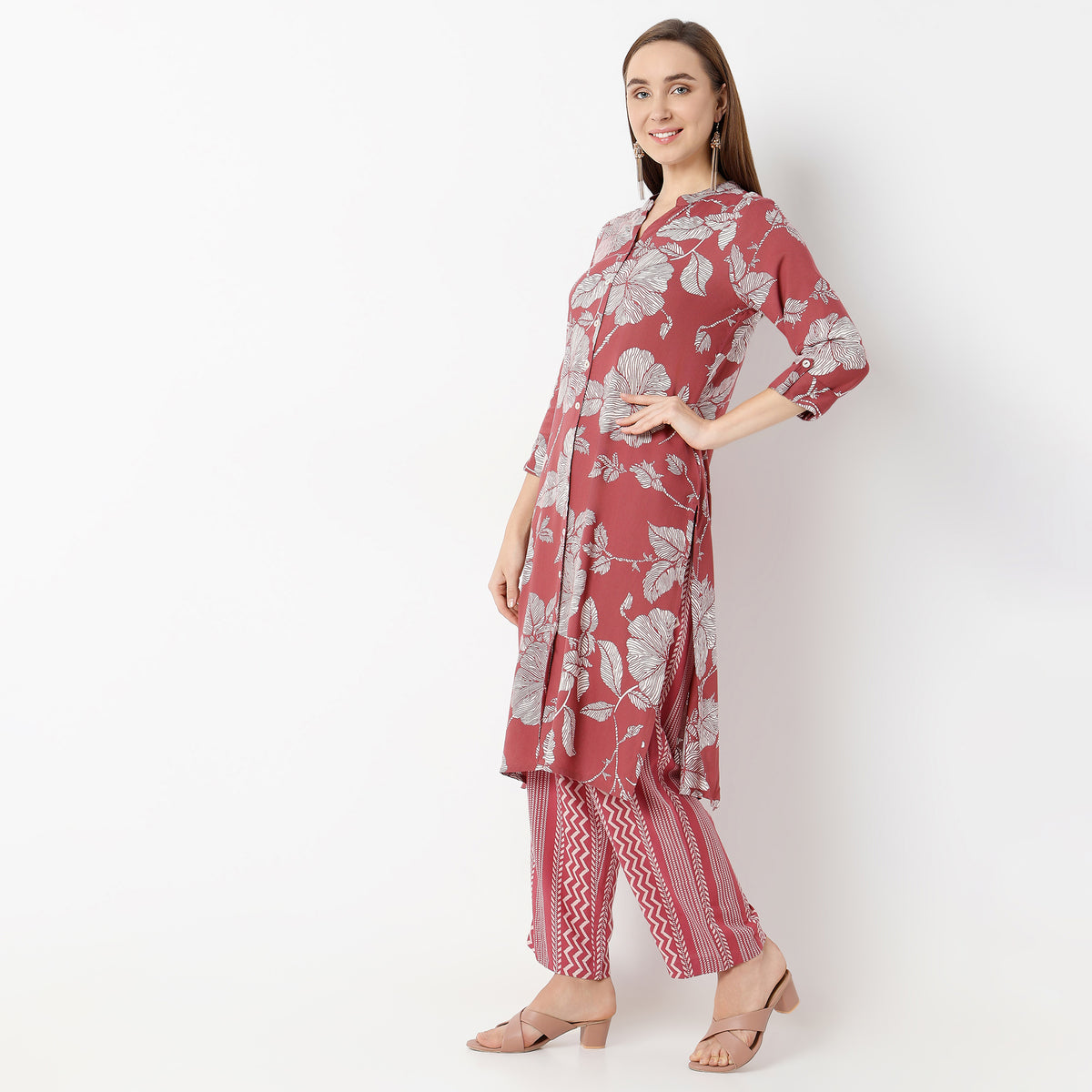 Straight Fit Printed Band Collar Kurta