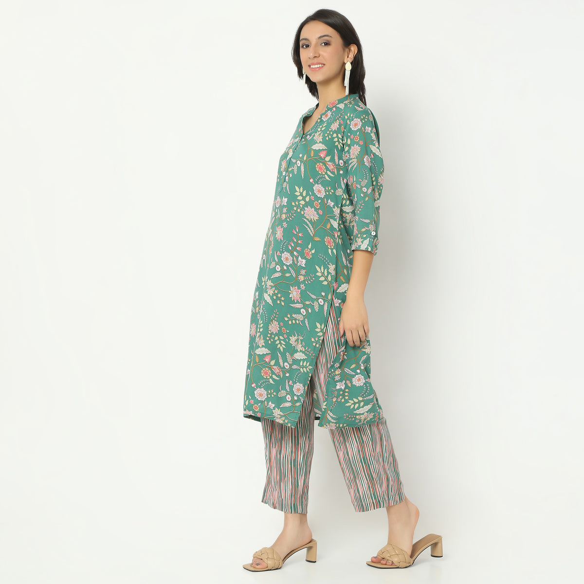 Straight Fit Printed Band Neck Calf Length Kurta