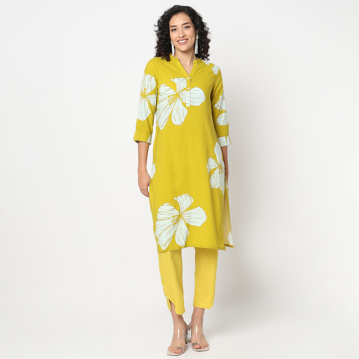 Straight Fit Band Collar Printed Half Placket Kurta