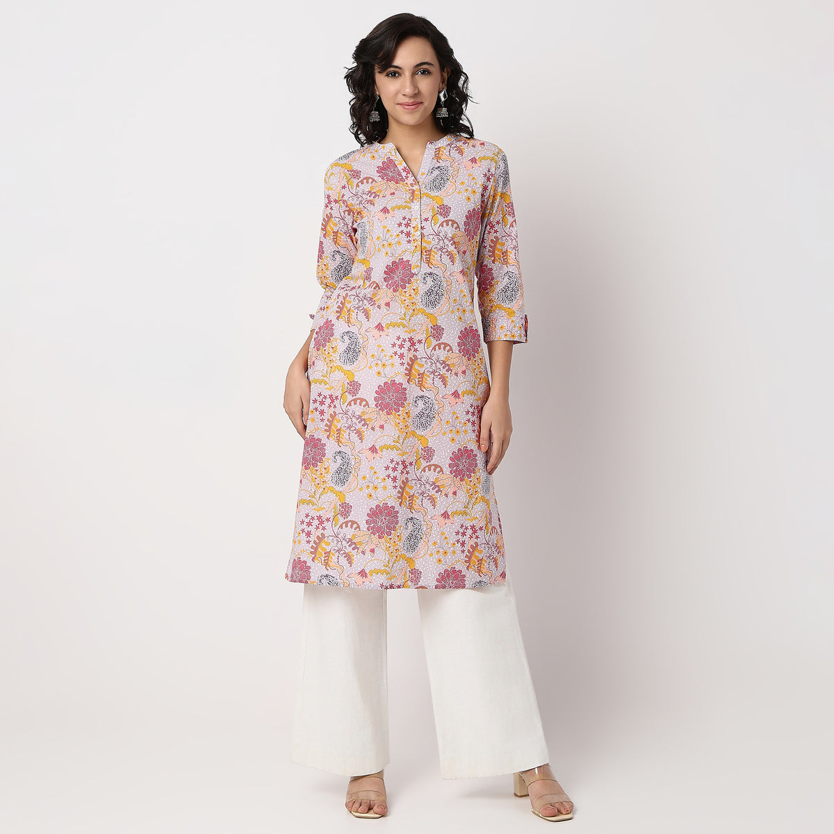 Floral Print Band Neck Half Placket Kurta