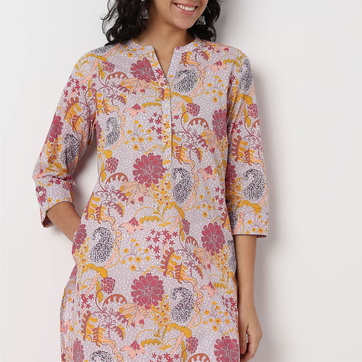 Floral Print Band Neck Half Placket Kurta