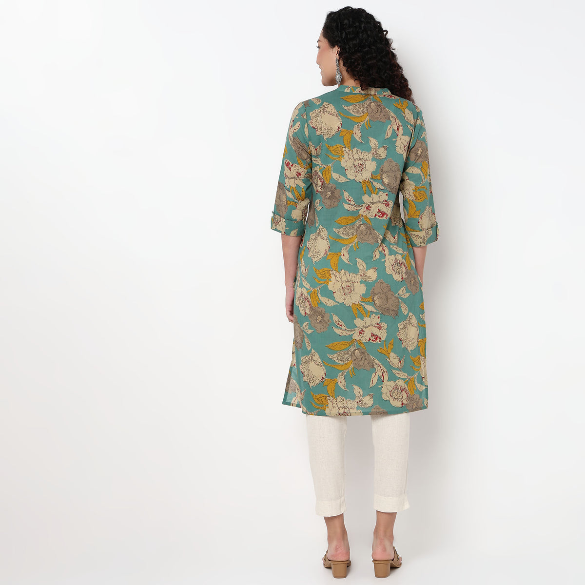 Floral Print Band Neck Half Placket Kurta