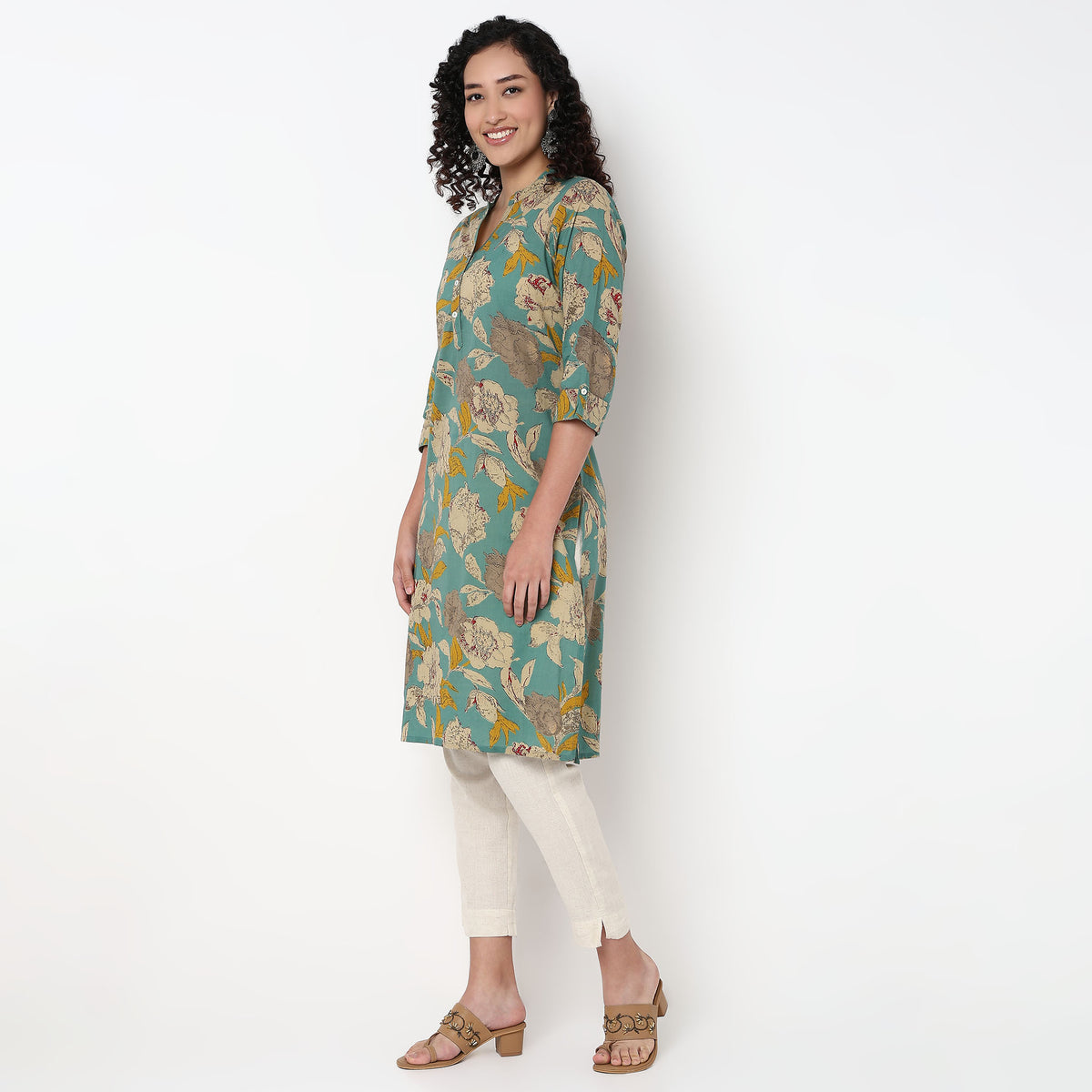 Floral Print Band Neck Half Placket Kurta