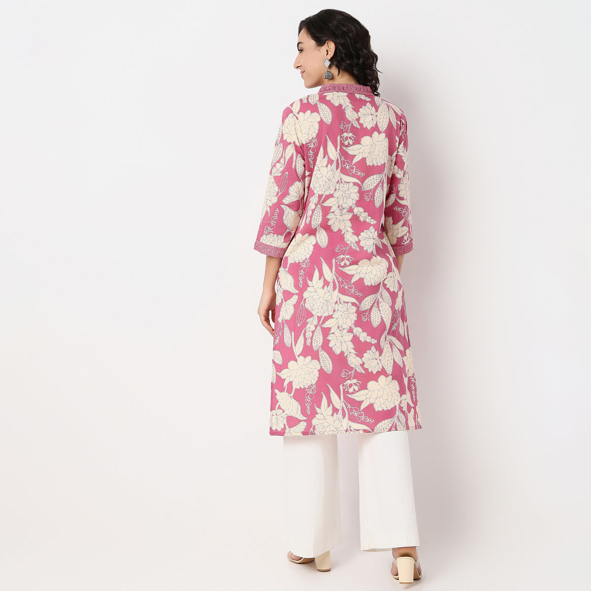 Floral Print V-Neck With Lace DetailKurta