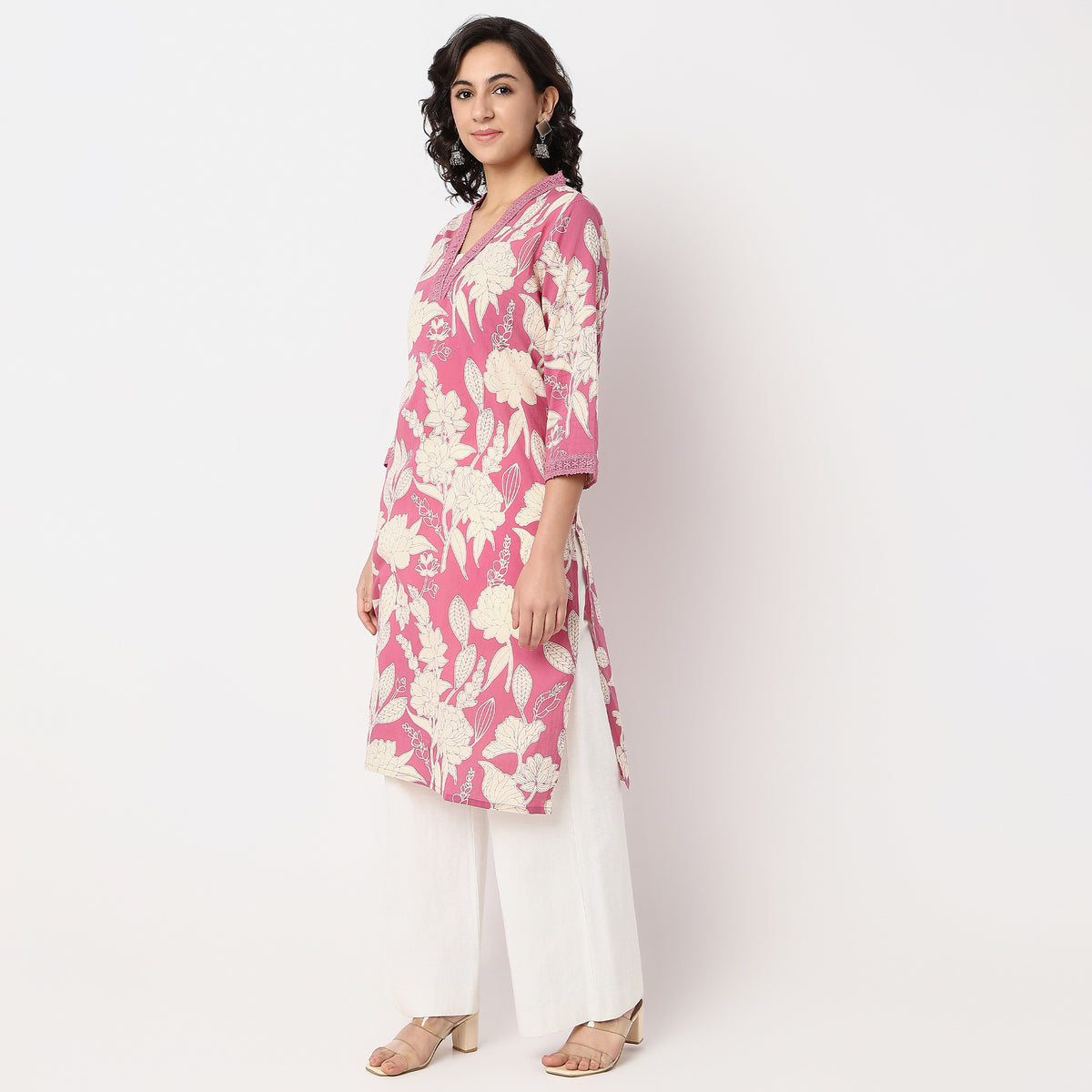 Floral Print V-Neck With Lace DetailKurta