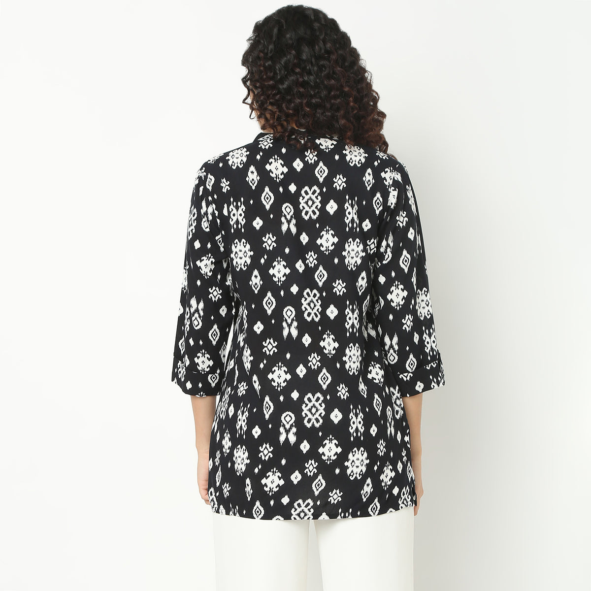 Straight Fit Printed Band Collar Short Kurta