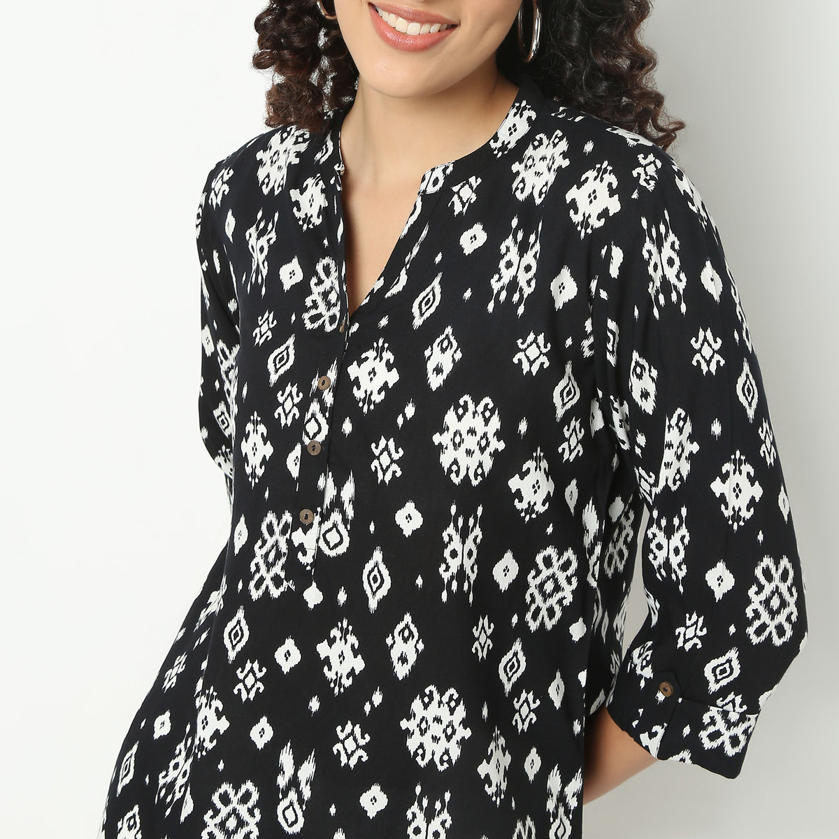 Straight Fit Printed Band Collar Short Kurta