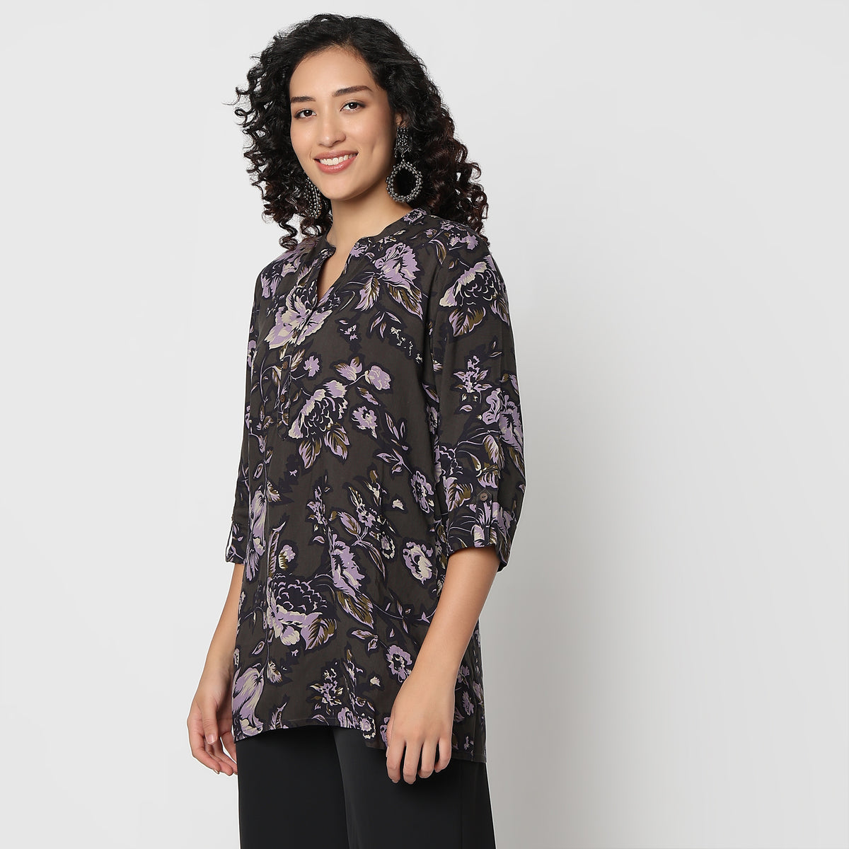 Straight Fit Printed Band Neck Short Kurta