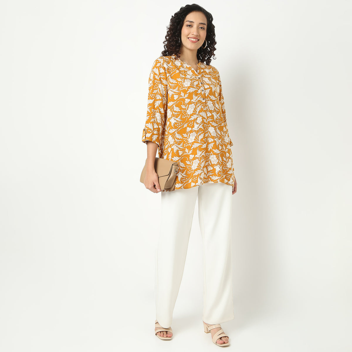 Straight Fit Printed Band Neck Short Kurta