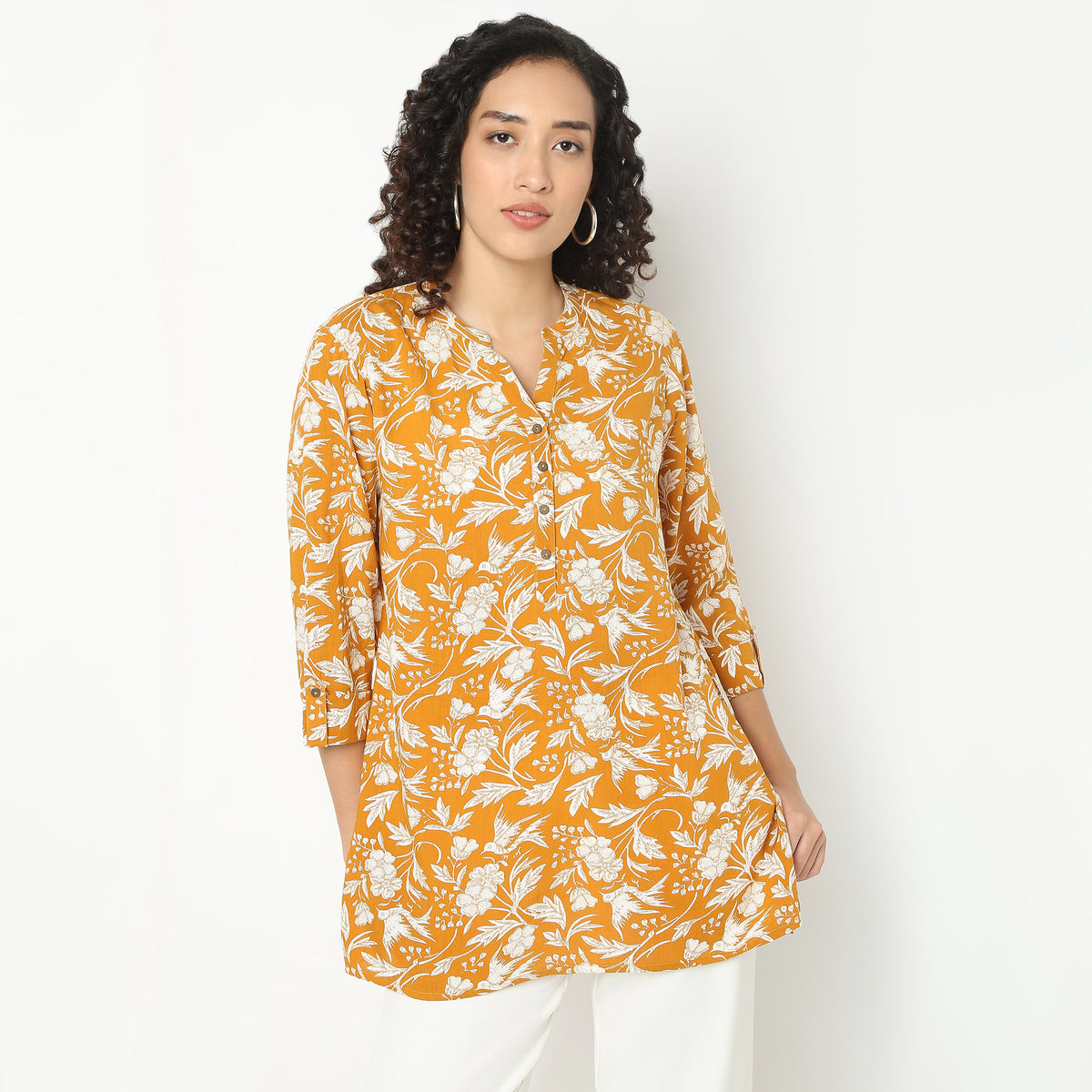 Straight Fit Printed Band Neck Short Kurta