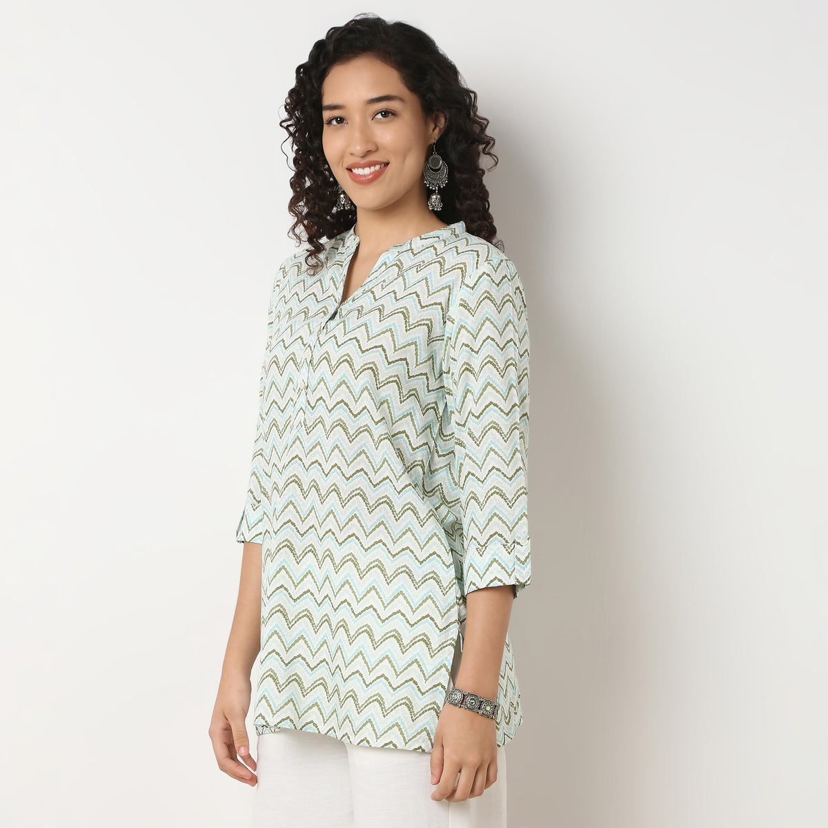 Band Neck Printed Short Kurti