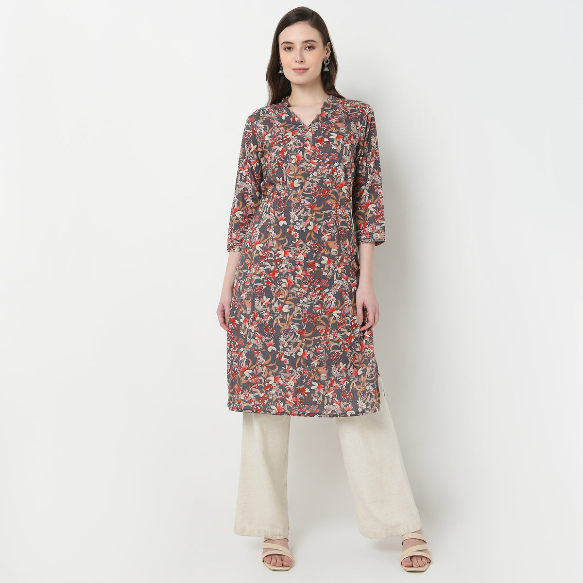 V-Neck Notch Collar Printed Kurta