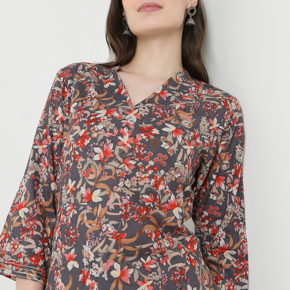 V-Neck Notch Collar Printed Kurta