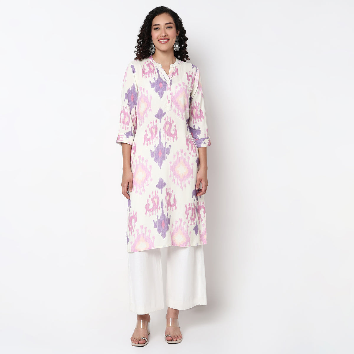 Printed Band Neck Straight Half Placket Kurta