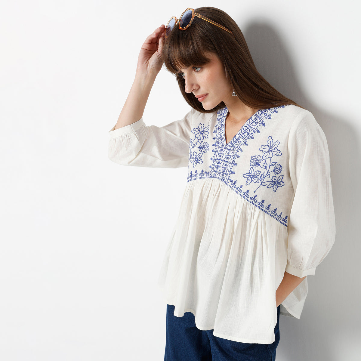 Alia Cut Top With Gathered Sleeve