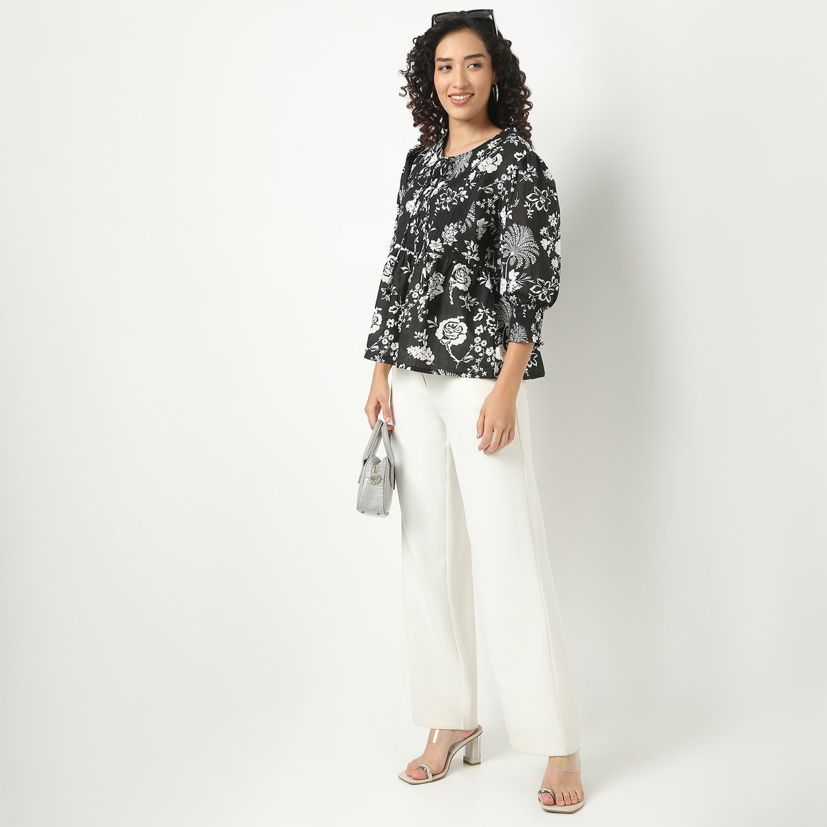 Flare Fit Floral Print Tie-Up Neck Top