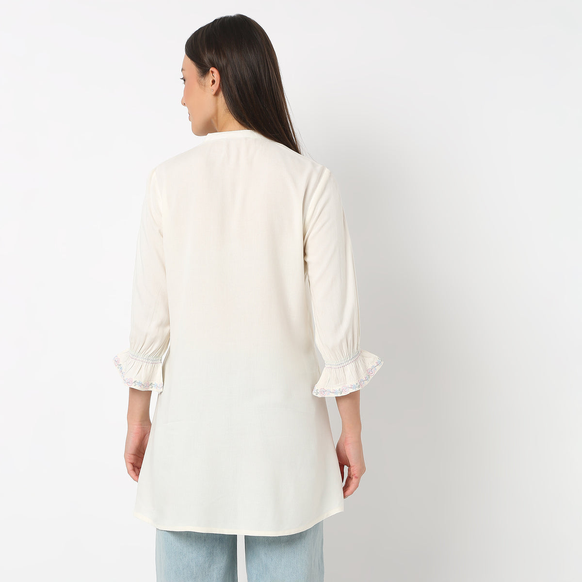 Embroidered Band Neck Short Length Three-Fourth Sleeve Flare Fit Tunic