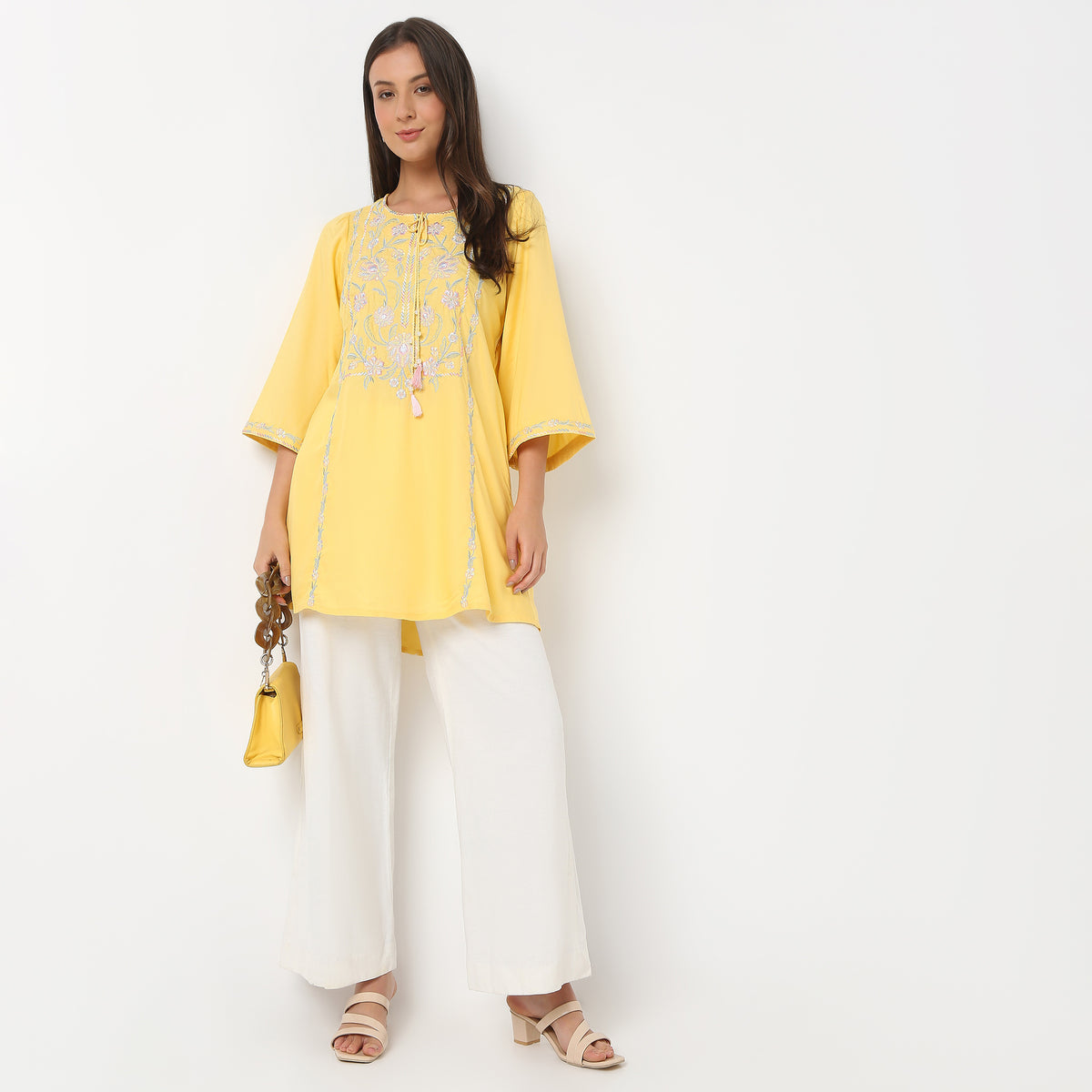 Embroidered Round Neck Short Length Three-Fourth Sleeve Straight Fit Tunic
