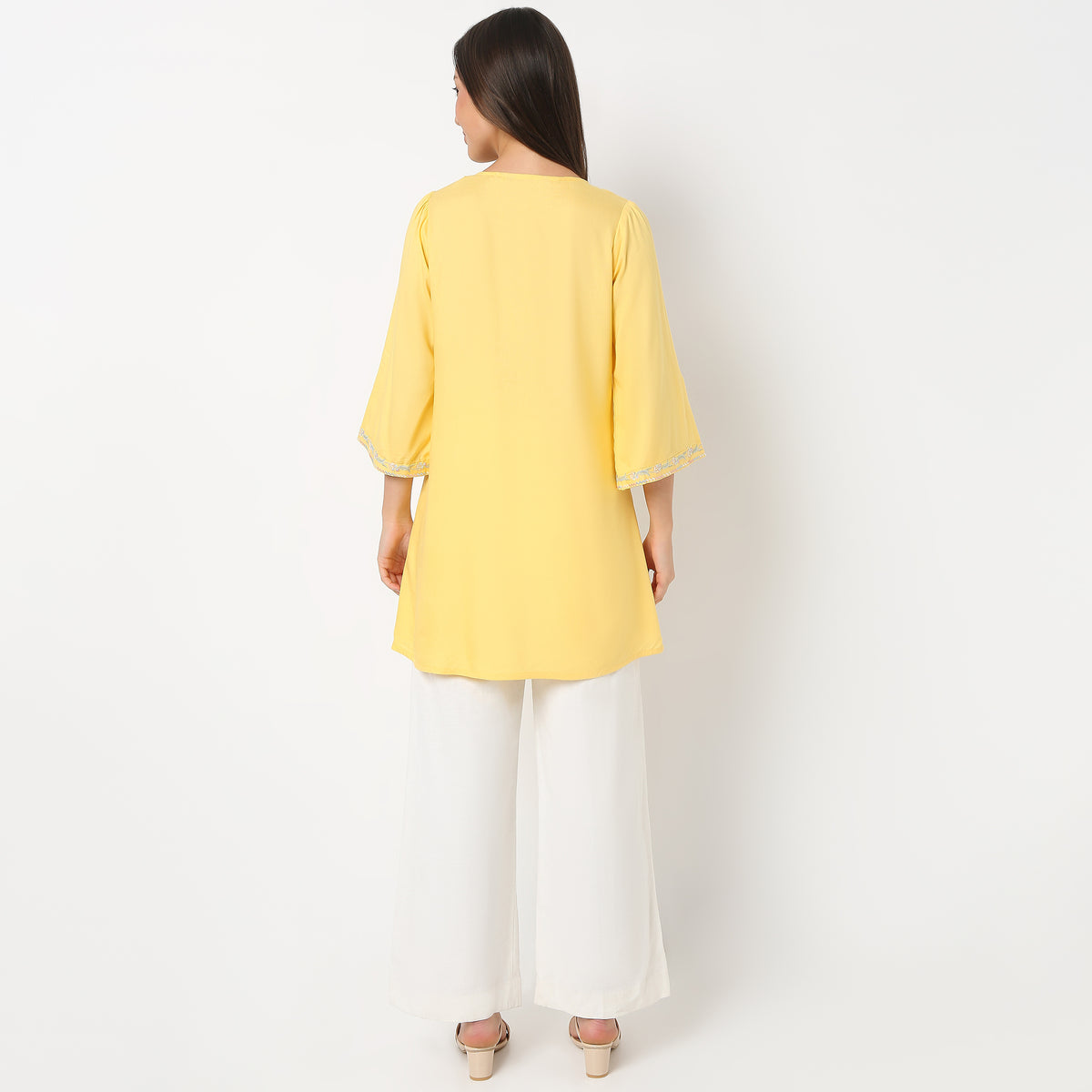 Embroidered Round Neck Short Length Three-Fourth Sleeve Straight Fit Tunic