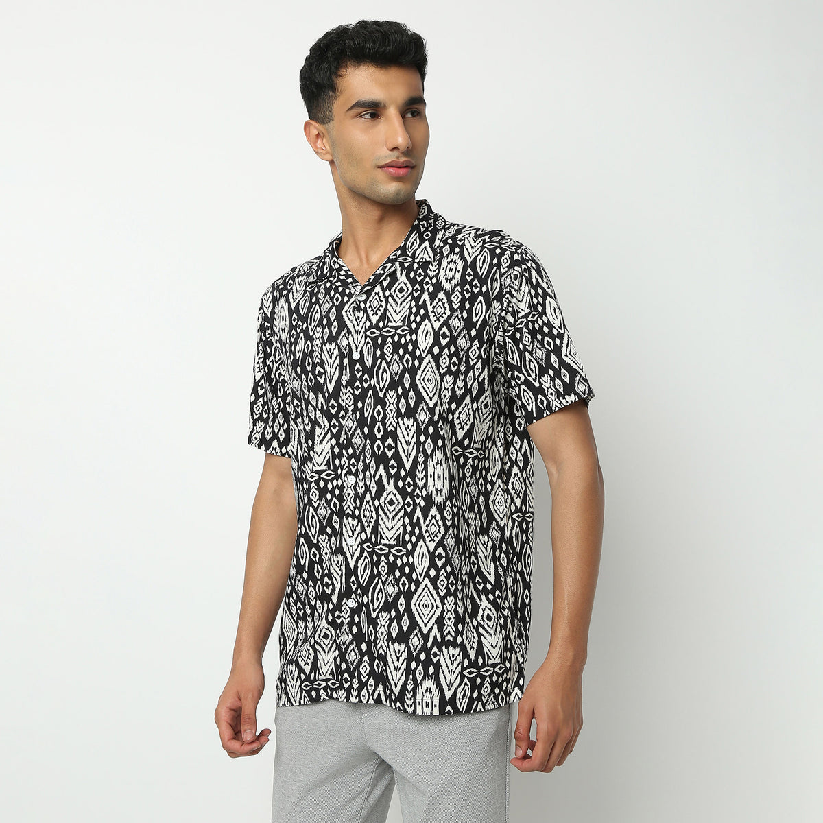 Relaxed Fit Printed Camp Collar Shirt