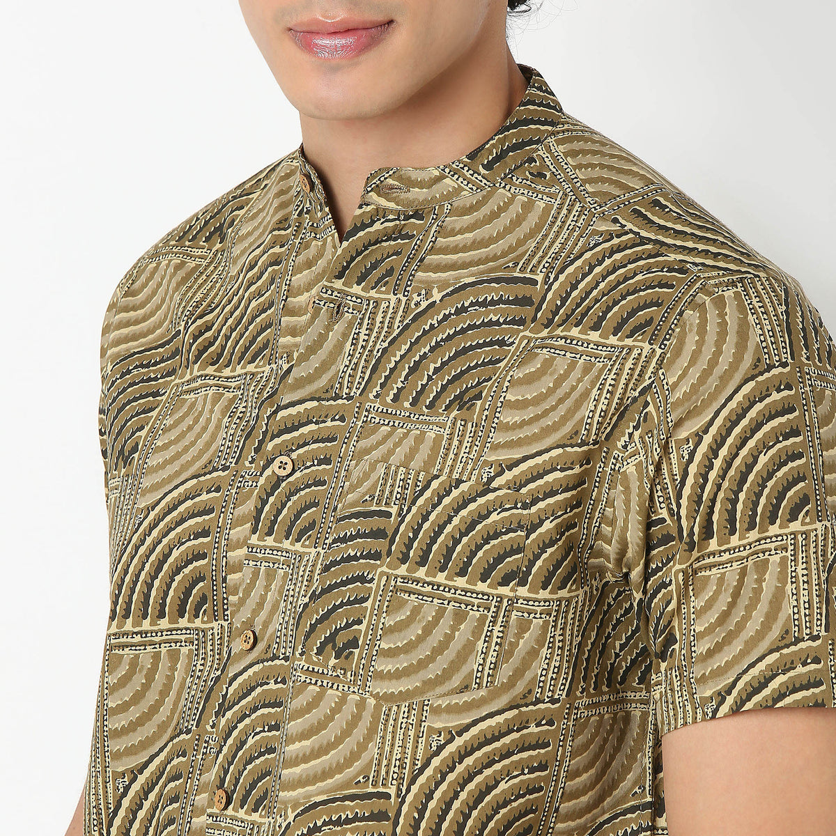 Mandarin Collar Short Length Printed Shirt