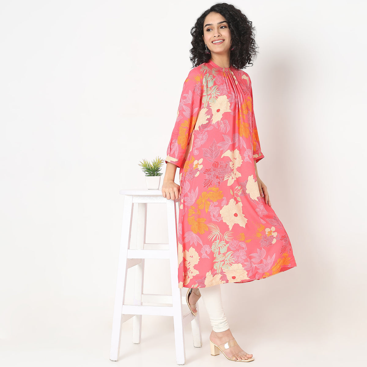 Printed Knee Length Band Neck Straight Kurta