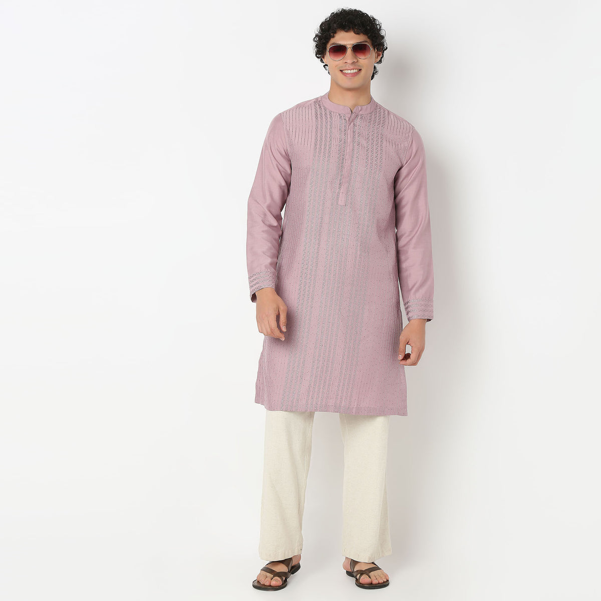Embroidered Mandarin Collar Full Length Sleeve Straight Fit Kurta