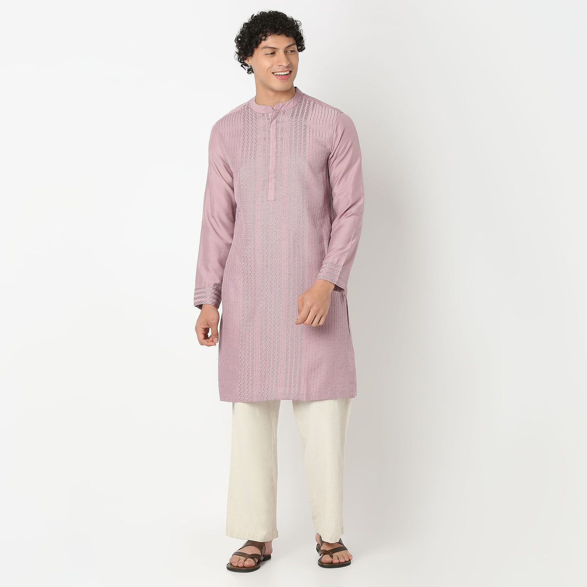 Embroidered Mandarin Collar Full Length Sleeve Straight Fit Kurta