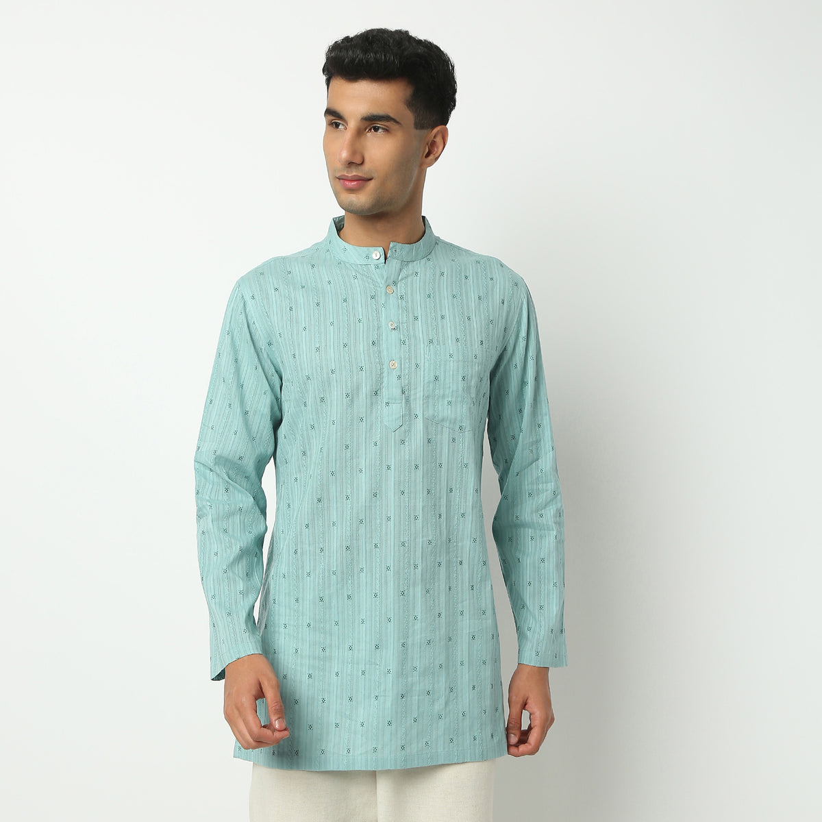Regular Fit Structured Mandarin Collar Kurta