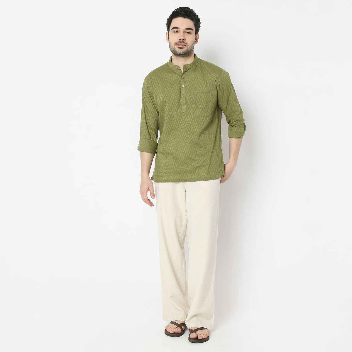 Regular Fit Jacquard Mandarin Collar Short Length Kurta